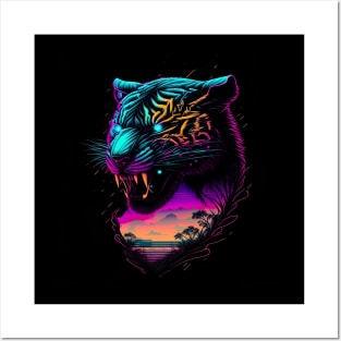 Retrowave Synthwave Tiger Head - 1980's Animal Print Posters and Art